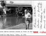 Adrian Atwater stands in front of barracks in which he lived at Camp Bally, India, in 1944.