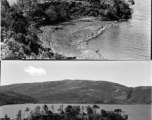 Here are two views of their campsite on a tiny peninsula into the lake. As of the year 2016 that tiny peninsula is still there, but the area is developed now with extsensive buildings nearby, and the setting in general is not nearly as rural or remote--A regular paved road goes by the site and along the lakeside.