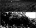 In the top image a small inflatable raft can be seen in the distance, and in the lower image, men wait on the shore of the lake.