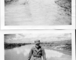 GI crossing a water-filled ditch, boots in hand. And GI leaning against bridge rail at Luliang. During WWII.