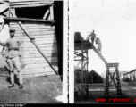 Workers fill water tank at am American base in Yunnan, China, during WWII.  And "Wong, Chinese soldier" at the base of water tower.